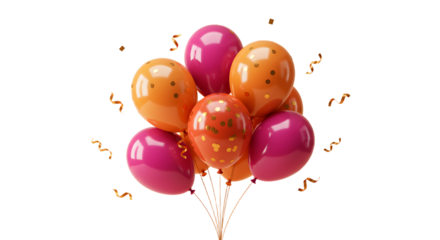 Bright orange and pink balloons with confetti and curly ribbons isolated on black background, perfect for celebrations and party decorations