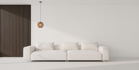 Interior, empty wall mockup of a modern and minimalist living room featuring a plush white sofa against a clean white wall with a dark wood accent wall and a unique pendant light 3d render real templa