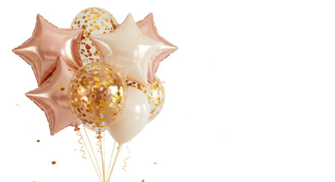 Cluster of rose gold star and transparent gold confetti balloons with white balloons, festive decoration perfect for celebrations and parties