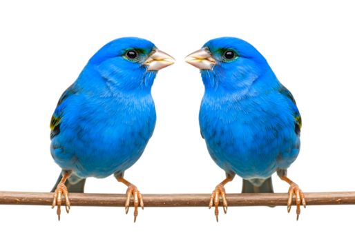 Two bright blue indigo buntings perched on a branch isolated on transparent background - Powered by Adobe
