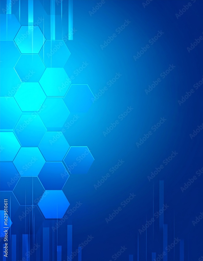Poster modern, abstract background featuring a cluster of blue hexagons on the left, with vertical lines an