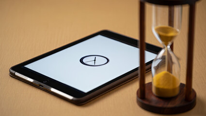 A tablet is positioned next to an hourglass on a wooden surface. The tablet shows a digital clock, indicating the passage of time, while the hourglass holds fine yellow sand