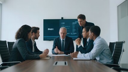 Business professionals engaged in a meeting around a conference table with a digital display in the background.