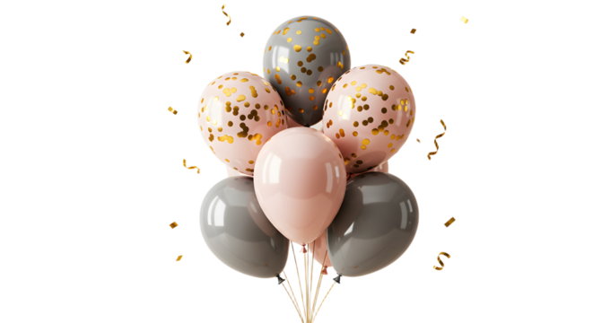 Elegant bouquet of pink, gray, and confetti balloons with floating gold confetti, perfect for sophisticated celebrations or party decorations