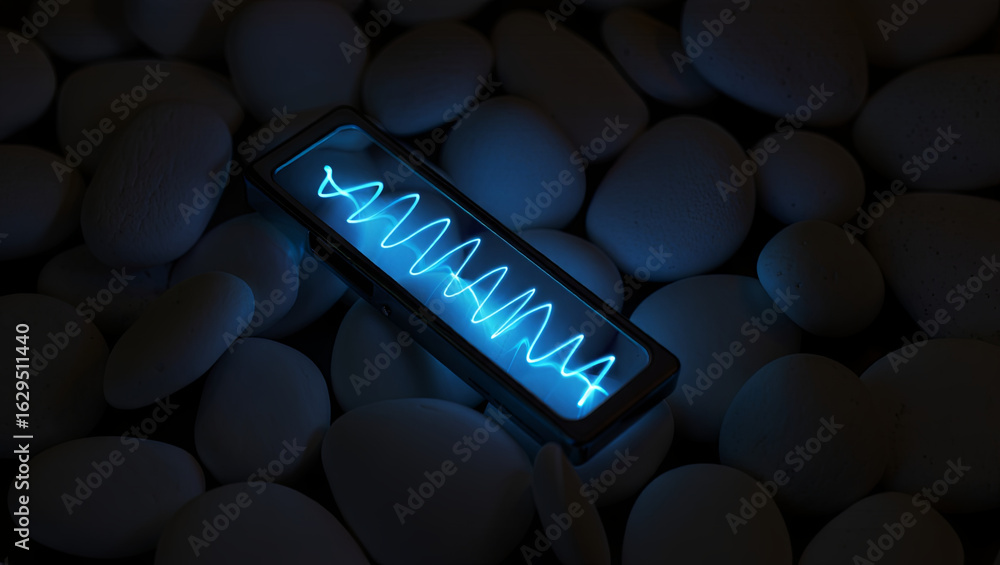 Poster a smartphone displays bright wave patterns in blue light, resting on a bed of white pebbles. the set
