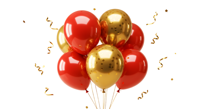 Golden and red balloons bouquet with confetti isolated on white background, perfect for celebrations and party decorations