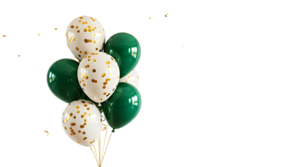 Green and white balloons with gold confetti, festive party decoration perfect for celebrations and events