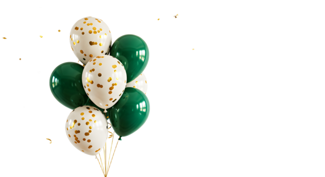 Green and white balloons with gold confetti, festive party decoration perfect for celebrations and events