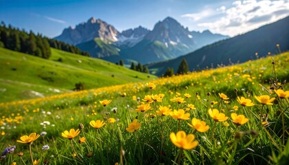 Vibrant yellow wildflowers bloom in a lush green meadow, set against a softly blurred mountain backdrop
