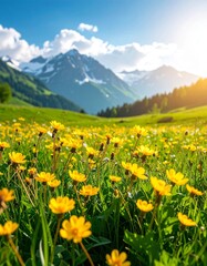 Vibrant yellow wildflowers bloom in a lush green meadow, set against a softly blurred mountain backdrop
