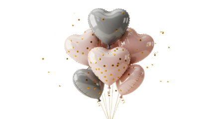 Heart-shaped pink and gray balloons with gold confetti pattern, isolated on white background, perfect for romantic celebrations or Valentine?s Day