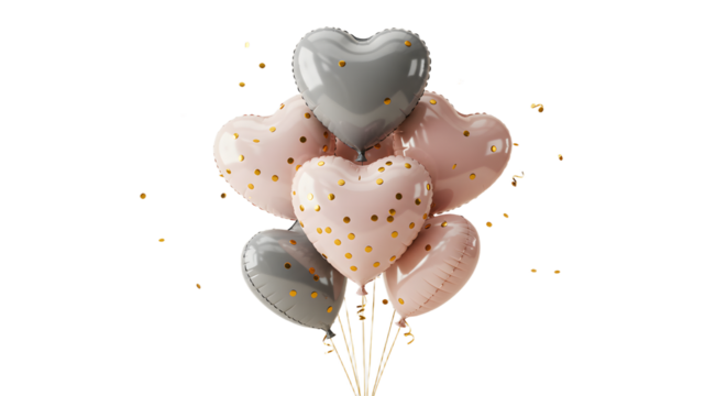 Heart-shaped pink and gray balloons with gold confetti pattern, isolated on white background, perfect for romantic celebrations or Valentine?s Day