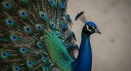 Obraz premium Close-up of a vibrant peacock displaying its iridescent plumage with intricate eye patterns, showcasing its regal head and feathery crest.