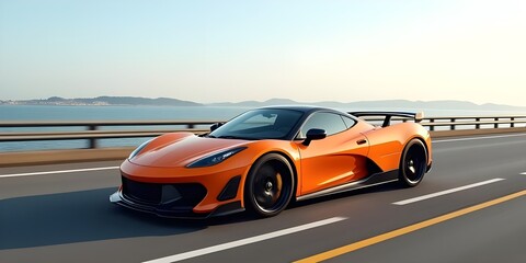 Orange supercar glides along serene