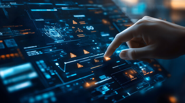 A finger touching a futuristic interface with glowing orange and blue graphical elements displayed