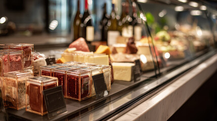 Fototapeta premium Freshly made prosciutto and cheese presented in a small family meat business.