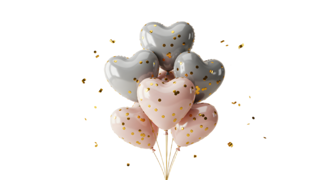 Silver and pink heart-shaped balloons with gold confetti floating on transparent background, perfect for romantic celebrations and events - Powered by Adobe