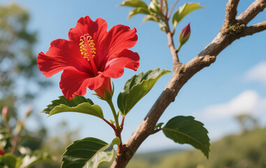 red flower against blue sky