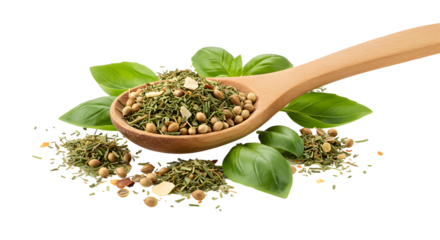 Wooden spoon filled with mixed dried herbs and spices on fresh basil leaves, perfect for cooking and seasoning dishes