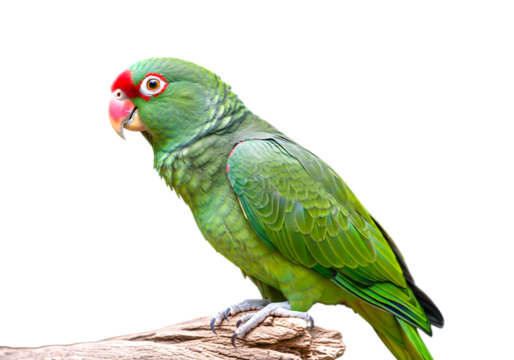 Green parrot with red face perched on a branch isolated on transparent background