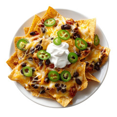 Nachos with melted cheese jalapeno and sour cream on white plate popular mexico dishes perfect for sharing