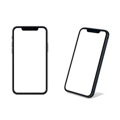 Two modern black smartphones with blank white screens for mockup. Front and perspective view isolated on a white background. Vector illustration.