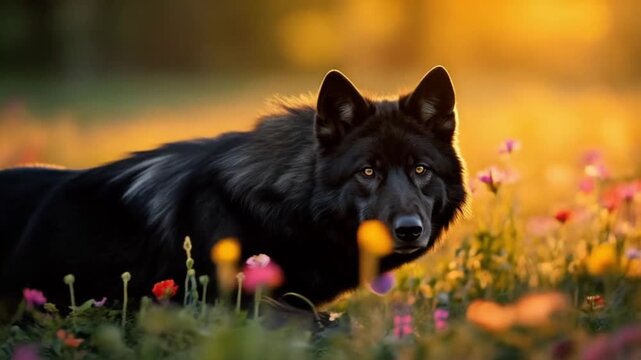 A black wolf lying down in a field of flowers with a golden light in the background landscape scene animal video