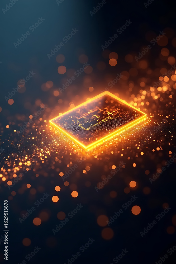 Aufkleber glowing orange computer chip with sparkling particles on a dark background.