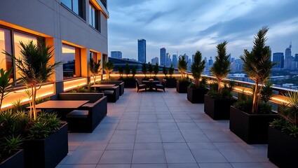 Elegant urban terrace with modular outdoor furniture, sculptural plants, LED strip lighting, and a skyline view — architectural photography style
