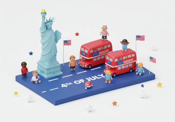 4th of July Celebration with Statue of Liberty, Buses, and People Figurines