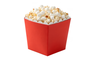 Red popcorn box filled with fresh popcorn isolated on transparent background