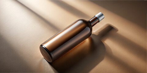 A brown glass bottle is positioned on a smooth surface, casting soft shadows as light gently falls across it, creating a serene and minimalist atmosphere