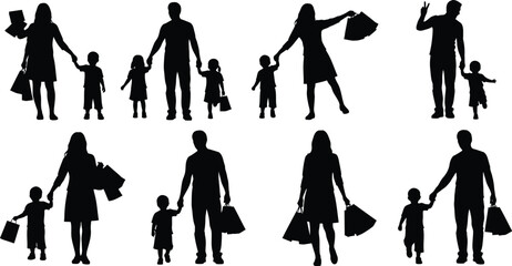 Obraz premium Families shopping together, happy moments, diverse groups, vector silhouettes