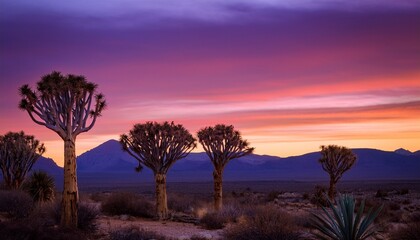 Obraz premium quiver trees silhouetted in desert sunset with mountains and purple sky