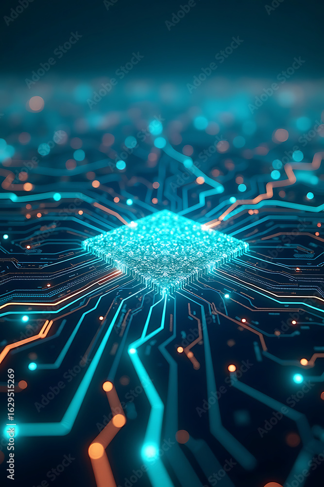 Aufkleber abstract illustration of a glowing central microchip surrounded by intricate circuit board pathways.