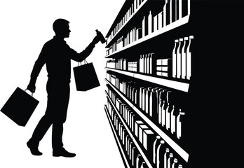 Man shops for bottles on crowded store shelves with shopping bags