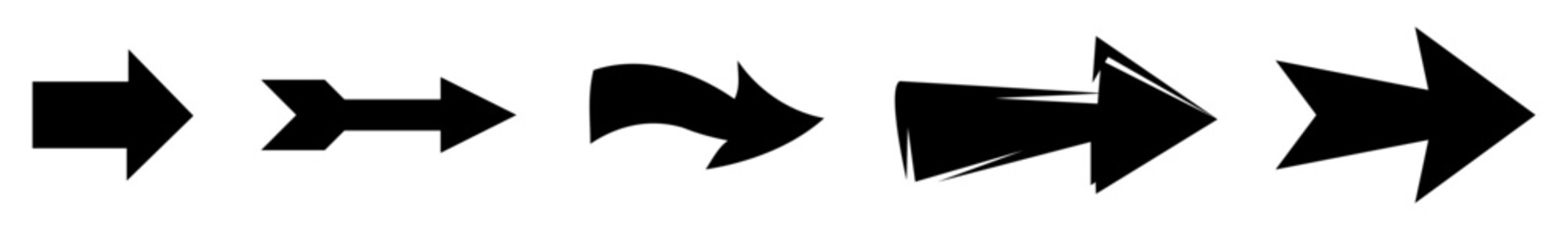 Set of black arrow icons in different styles. Vector silhouette arrow symbols in flat design on white background. Perfect for UI, direction, navigation, and web usage.