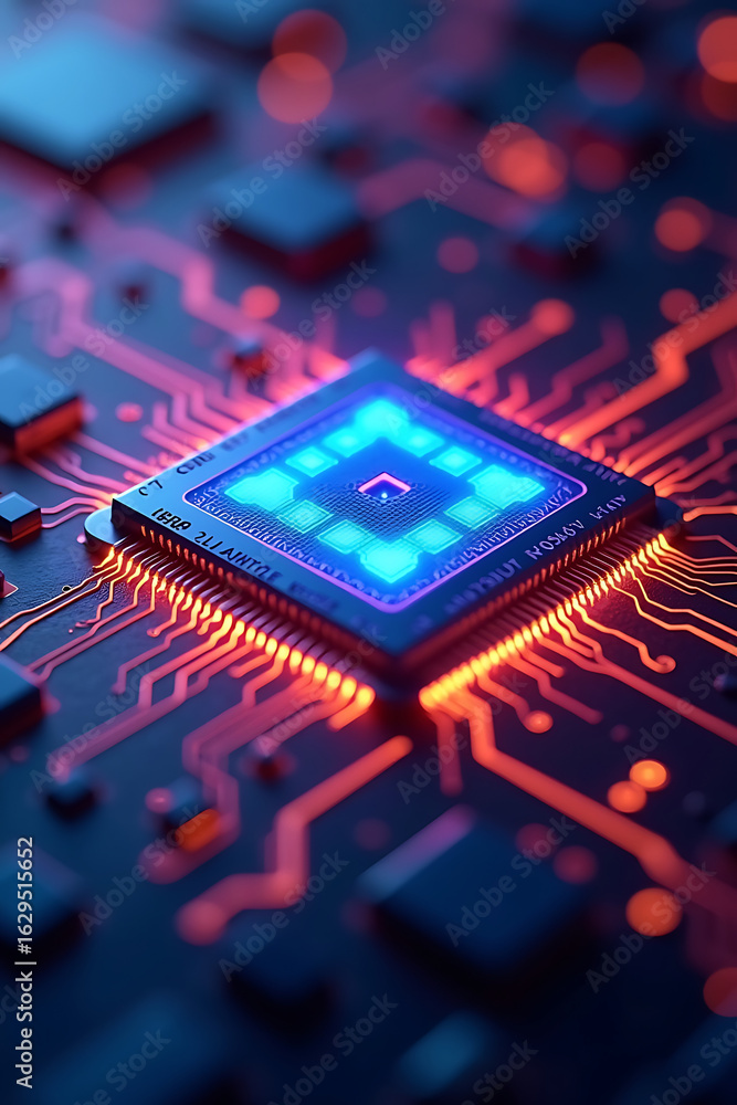 Poster close-up of a glowing central processing unit (cpu) chip on a circuit board.