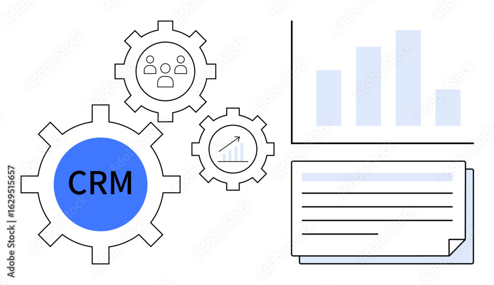Poster crm highlighted in gears, representing customer management, paired with bar charts and documents. id