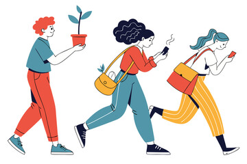 Fototapeta premium Active young women walking and texting, carrying plants and bags, flat vector illustration 