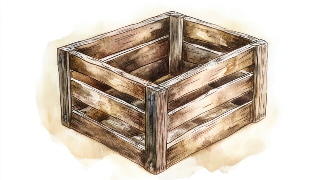 Wooden crate in watercolor style on blank background