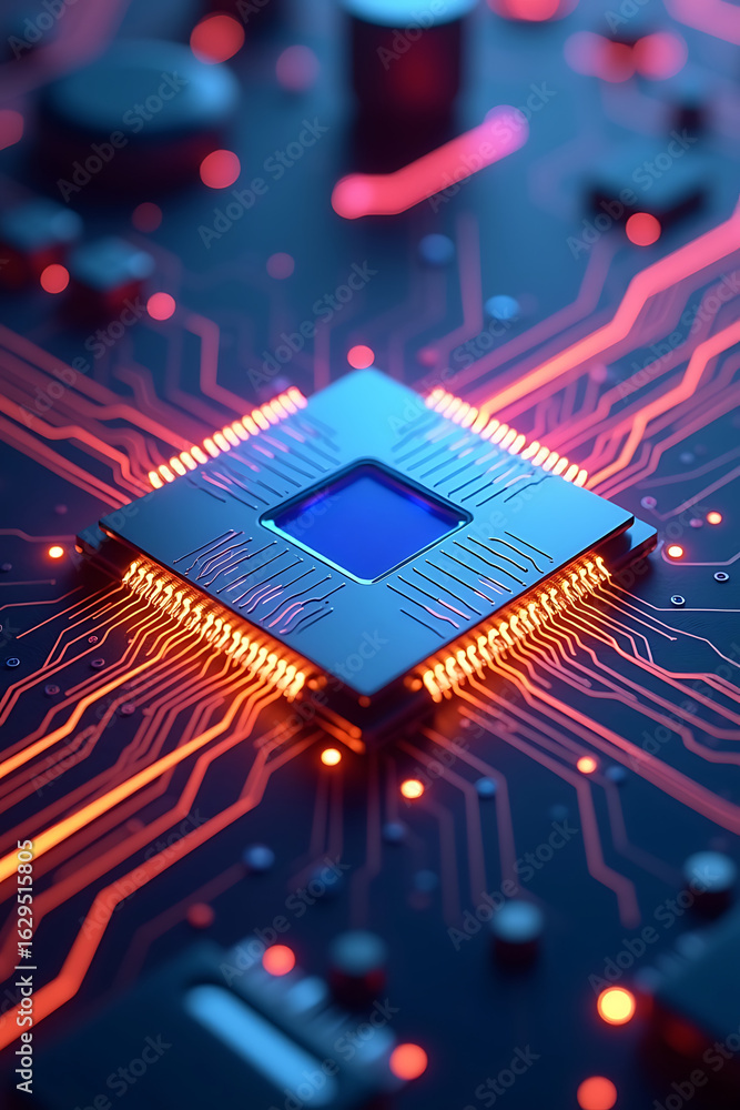 Poster close-up view of a central processing unit (cpu) chip on a circuit board, highlighted with vibrant c