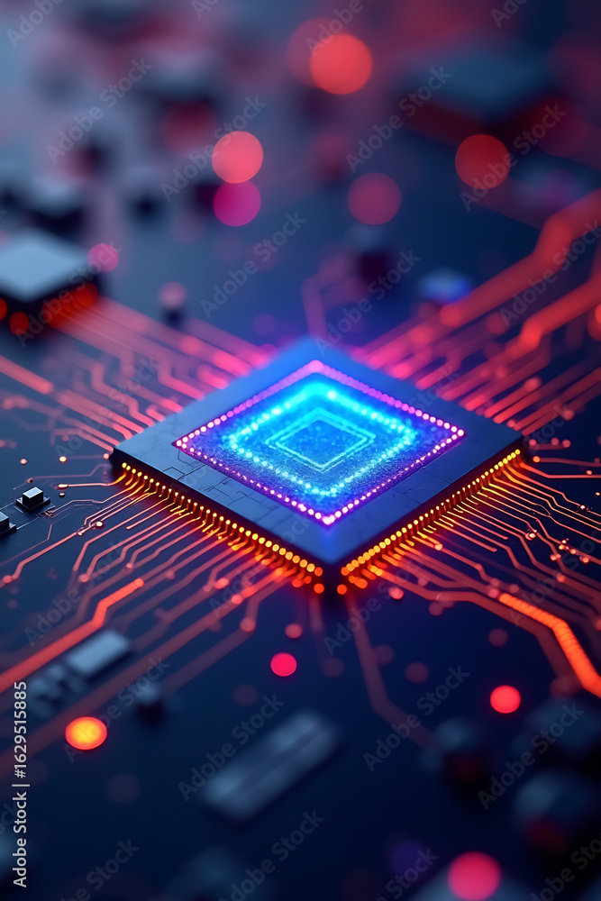 Poster close-up of a microchip on a circuit board with glowing lights.