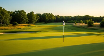 Picturesque view of a golf course green and flagstick during a peaceful golden hour sunset, a perfect setting for recreation.