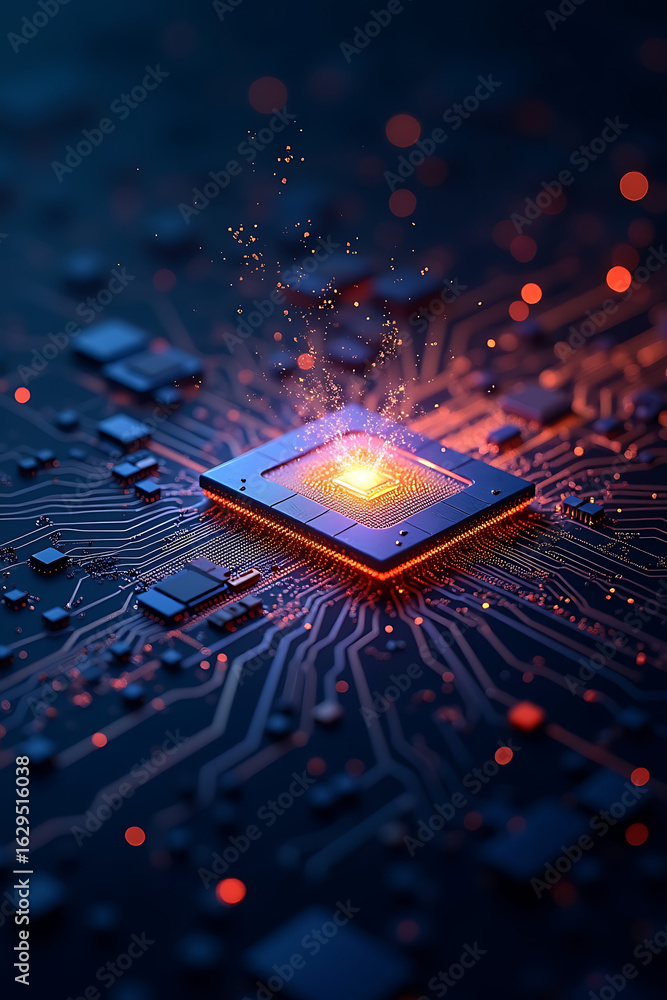 Aufkleber glowing central processing unit on a circuit board, sparks emanating from its core.