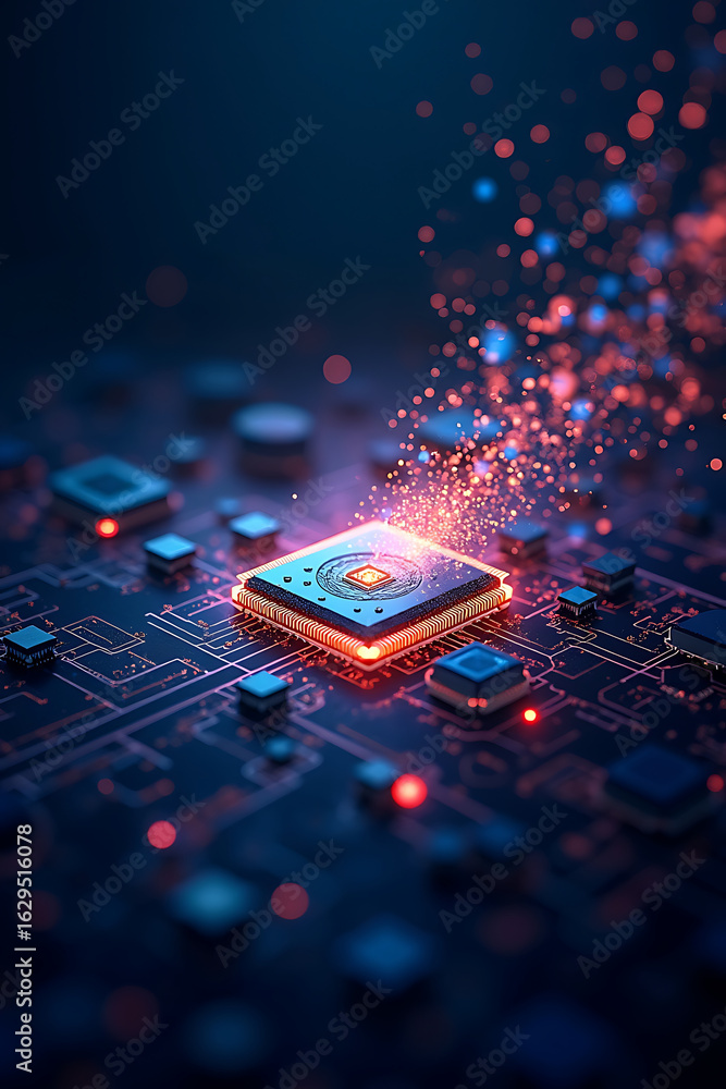Poster a close-up of a microchip with glowing red and blue lights, surrounded by circuit board patterns and