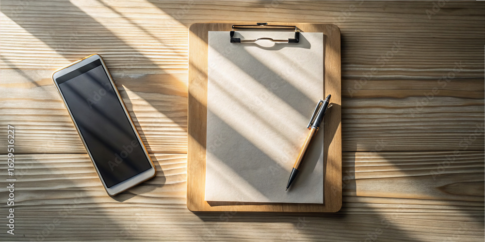 Poster a wooden table displays a blank clipboard ready for notes, accompanied by a pen and a smartphone. su