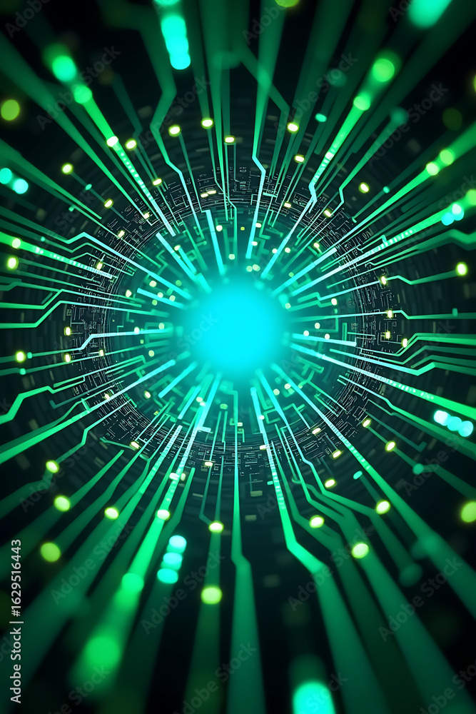 Aufkleber abstract digital tunnel of glowing green circuitry converging towards a bright cyan core.