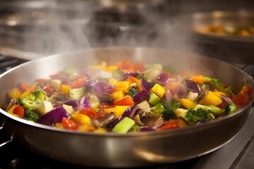 bright vegetables sizzling in stainless pan kitchen steam  
