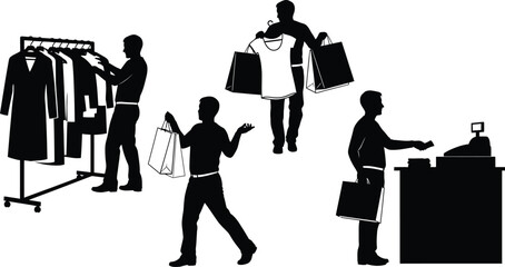 Men shop for clothes and pay at checkout with credit card